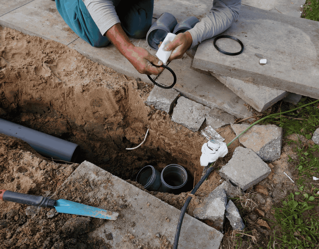 Native Plumbing LLC technician repairing an outdoor water line in Jefferson County, Tennessee.