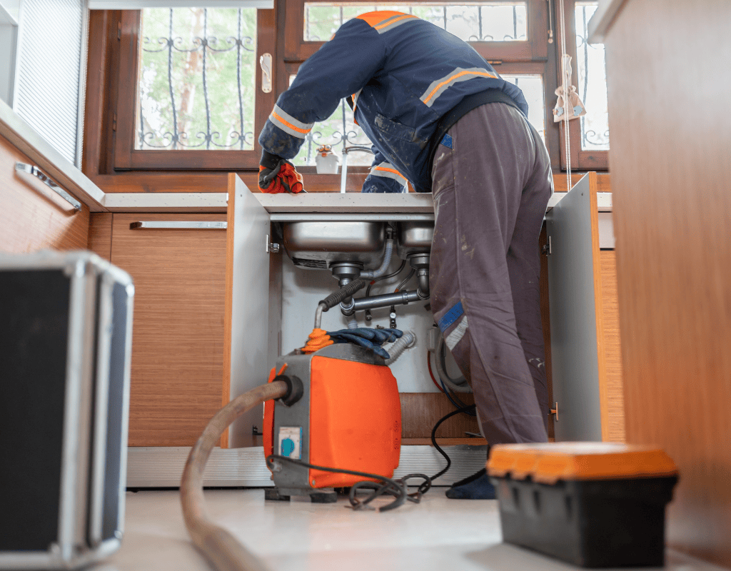 Native Plumbing LLC plumber using drain-cleaning equipment beneath a kitchen sink in Jefferson County, Tennessee.